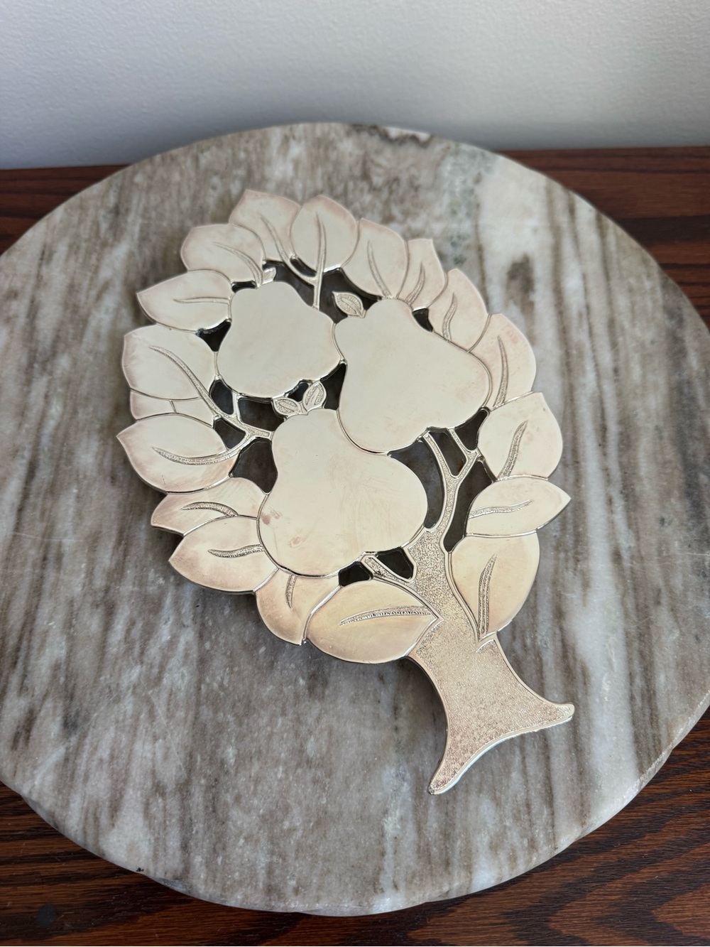 Vintage Trivet Silver Color Tarnish Resistant Pear Tree Theme